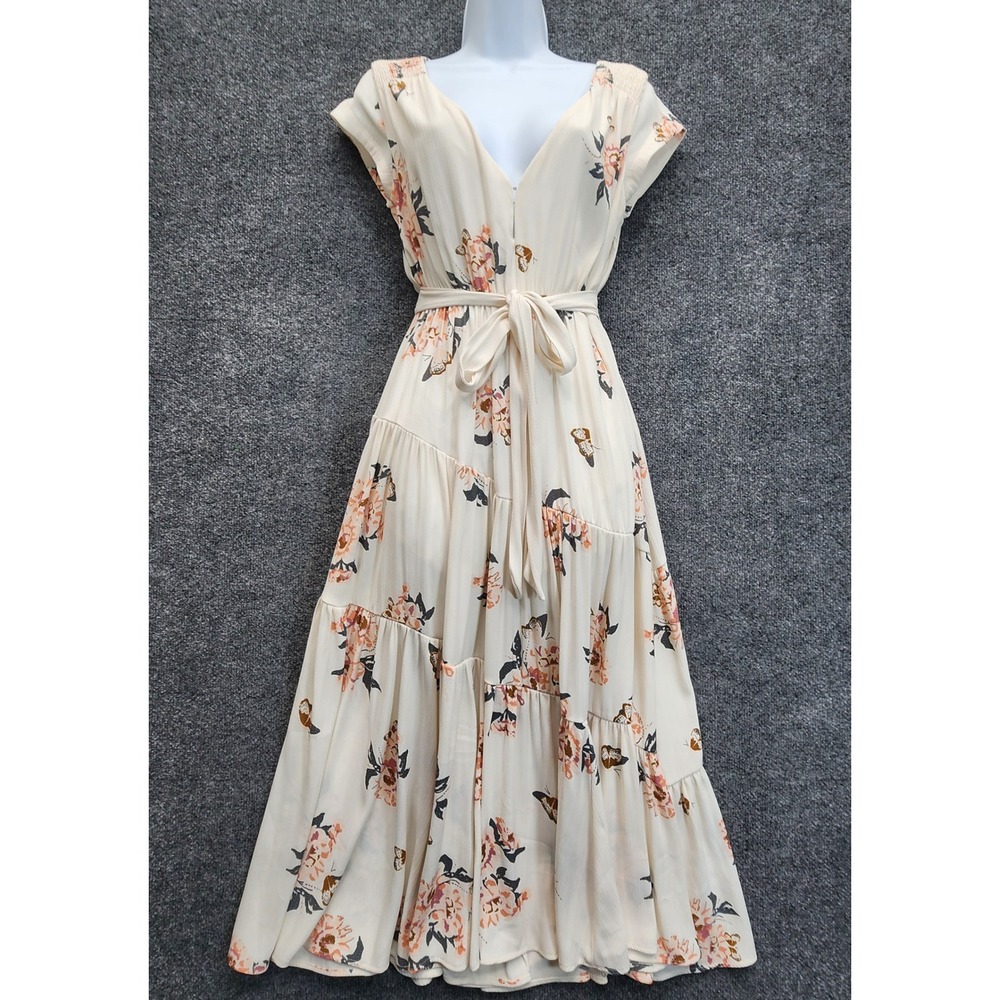 Free People Floral Butterfly‎ Print Tie Tiered Midi Dress Ethereal Boho Size 0